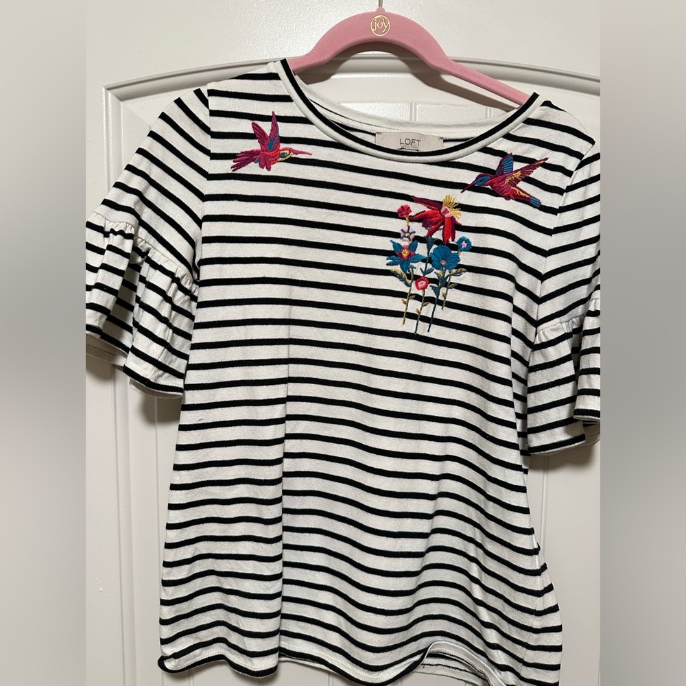 LOFT Black and White Striped Sweater with Colorful Embroidery